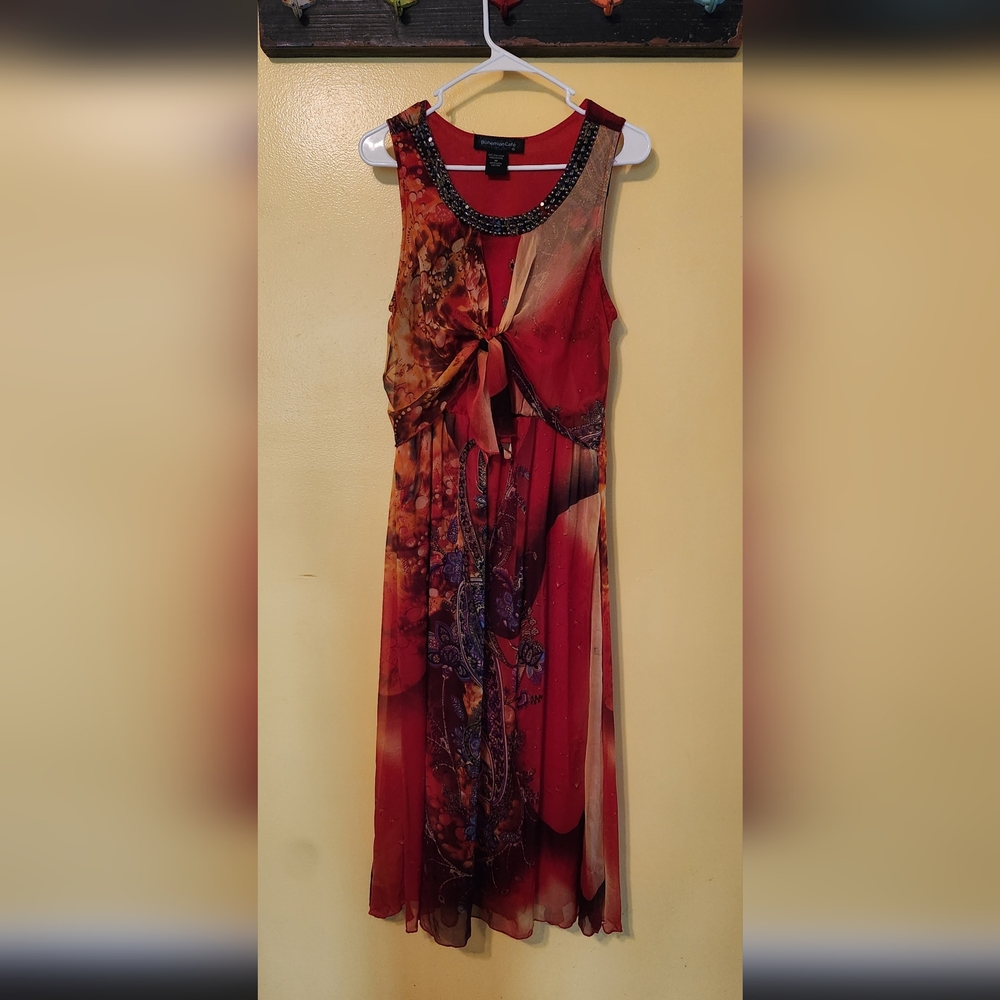 Bohemian Cafe women's maxi dress. Red with paisley&floral prints. Size medium